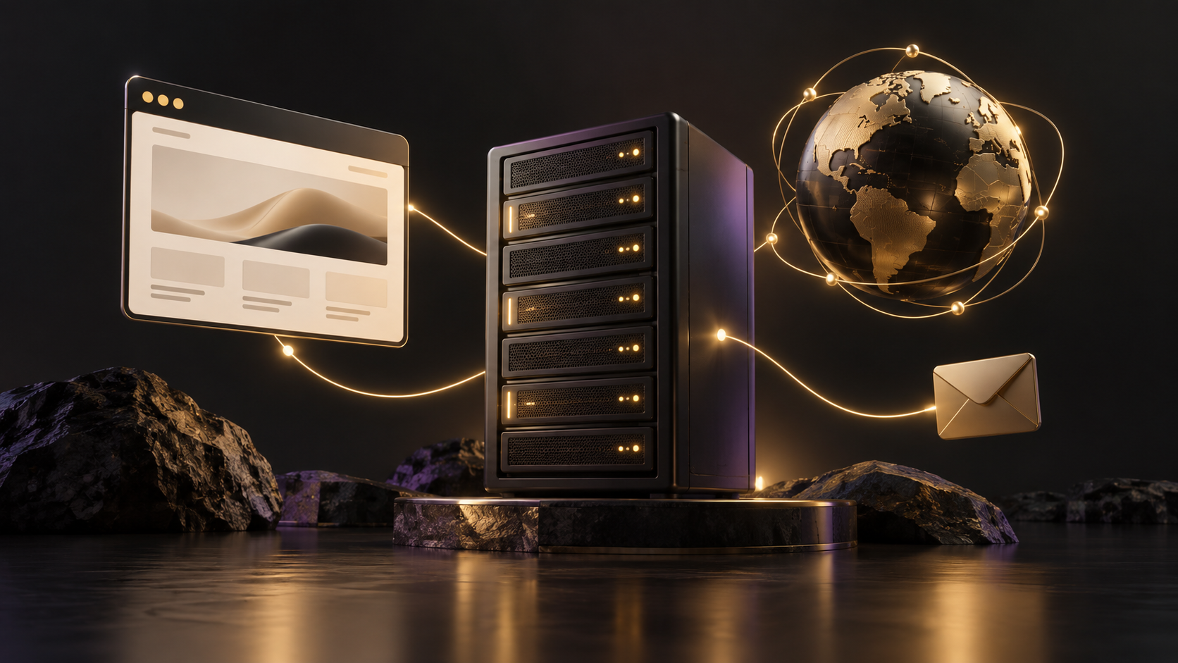 Concept illustration of hosting servers connected to a website and globe