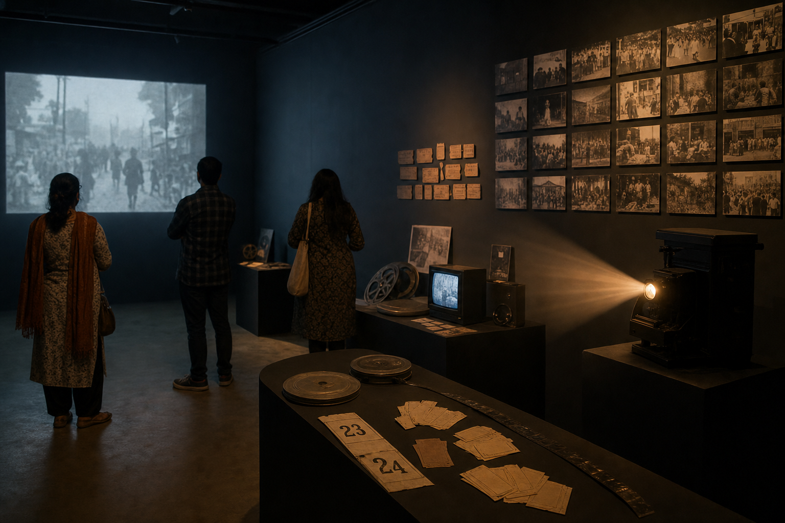 Pakistani neighbourhood cinema archive installation with projector, anonymous film stills, tickets, reels and visitors