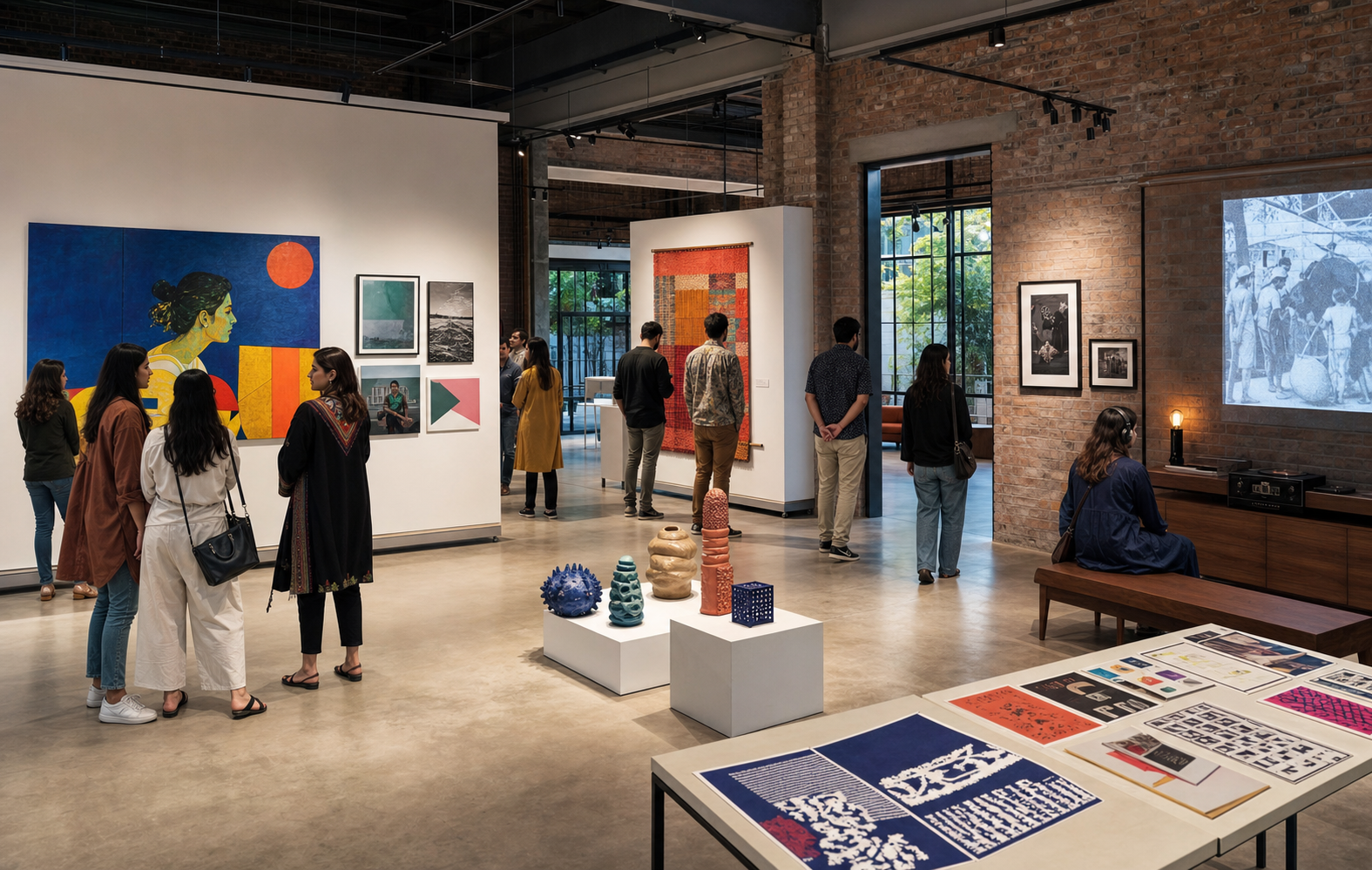 Secular contemporary Pakistani exhibition with painting, photography, textiles, ceramics and film