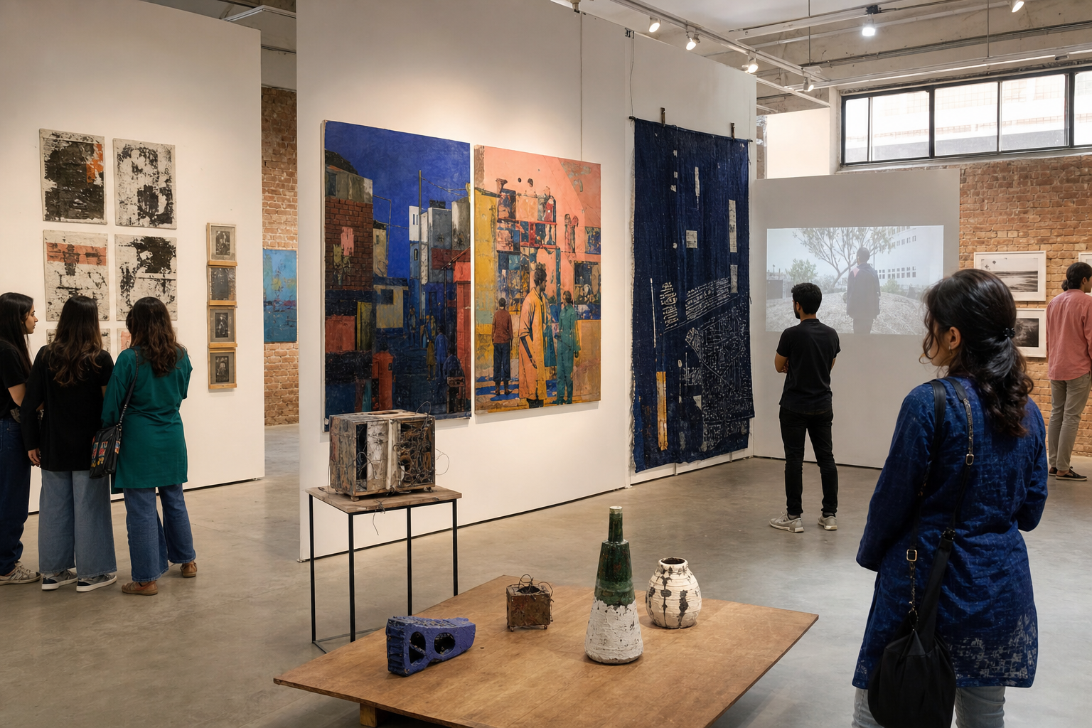 Fictional Lahore student group exhibition featuring painting, printmaking, textile, ceramics, sculpture, photography and video