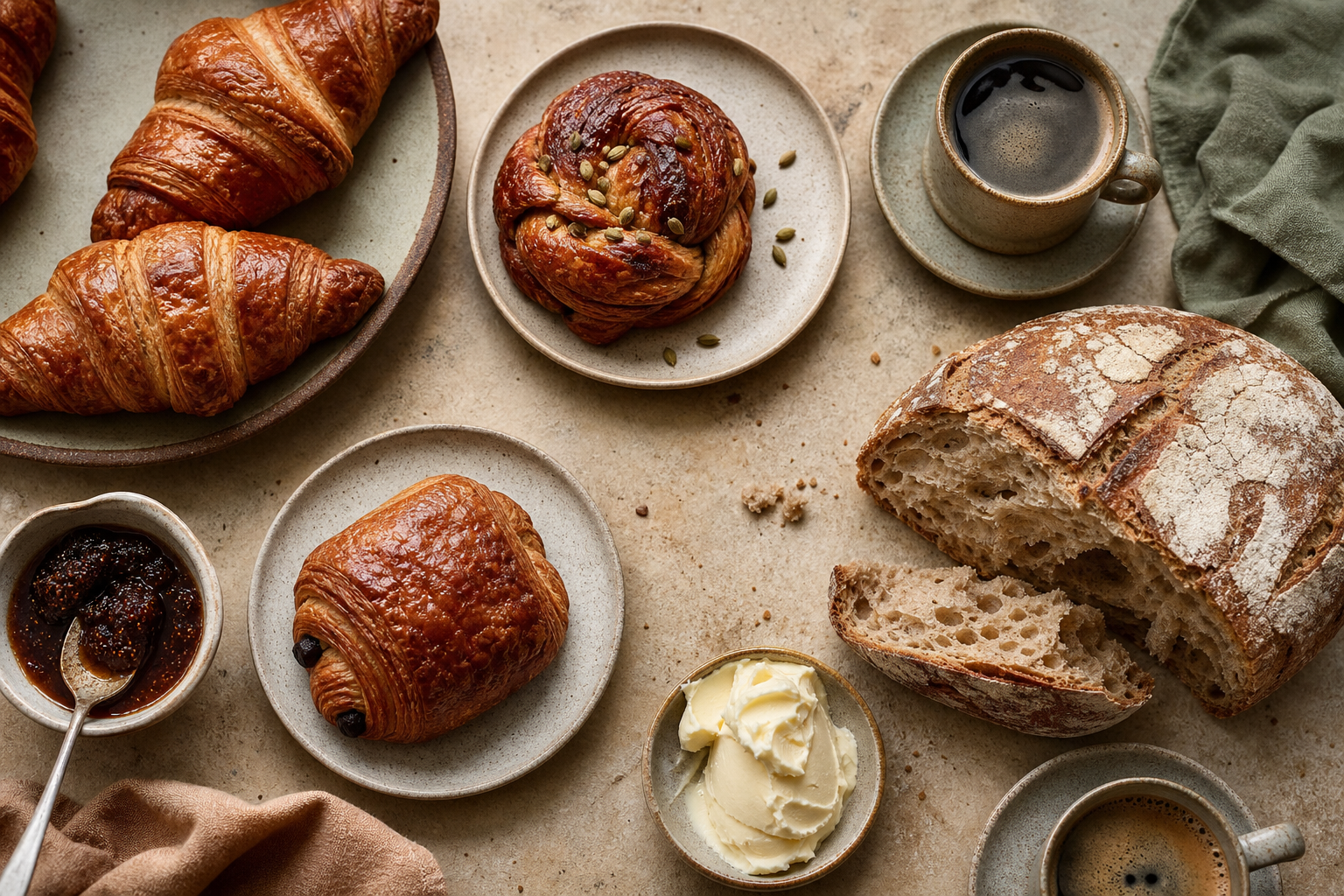Fresh croissants, sourdough bread, preserves, butter, and coffee arranged on a stone table