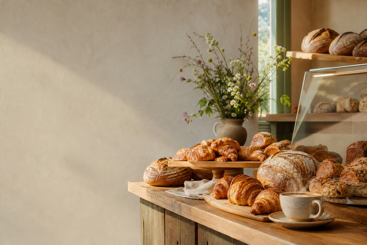 Warm artisan bakery filled with bread, pastry, coffee, and flowers