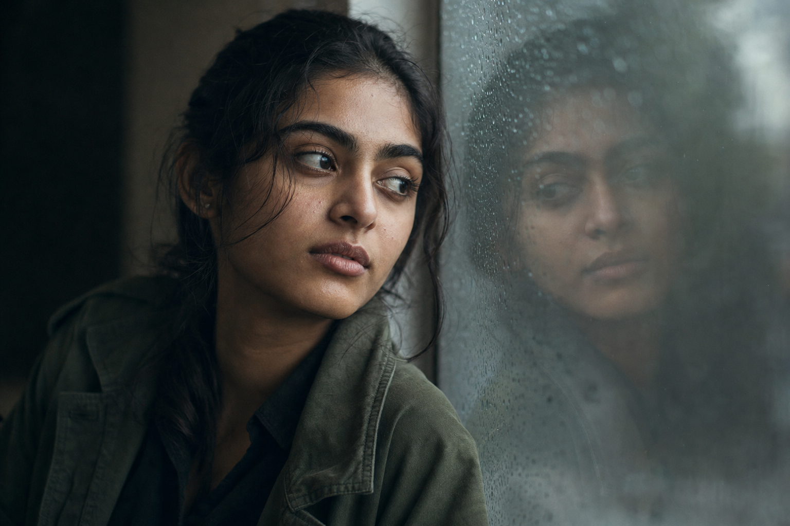 Portrait beside a rain-streaked window