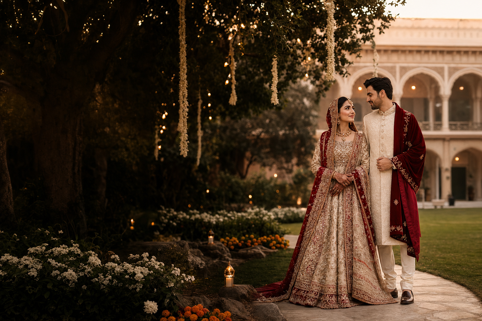 Wedding couple sharing a quiet moment outdoors