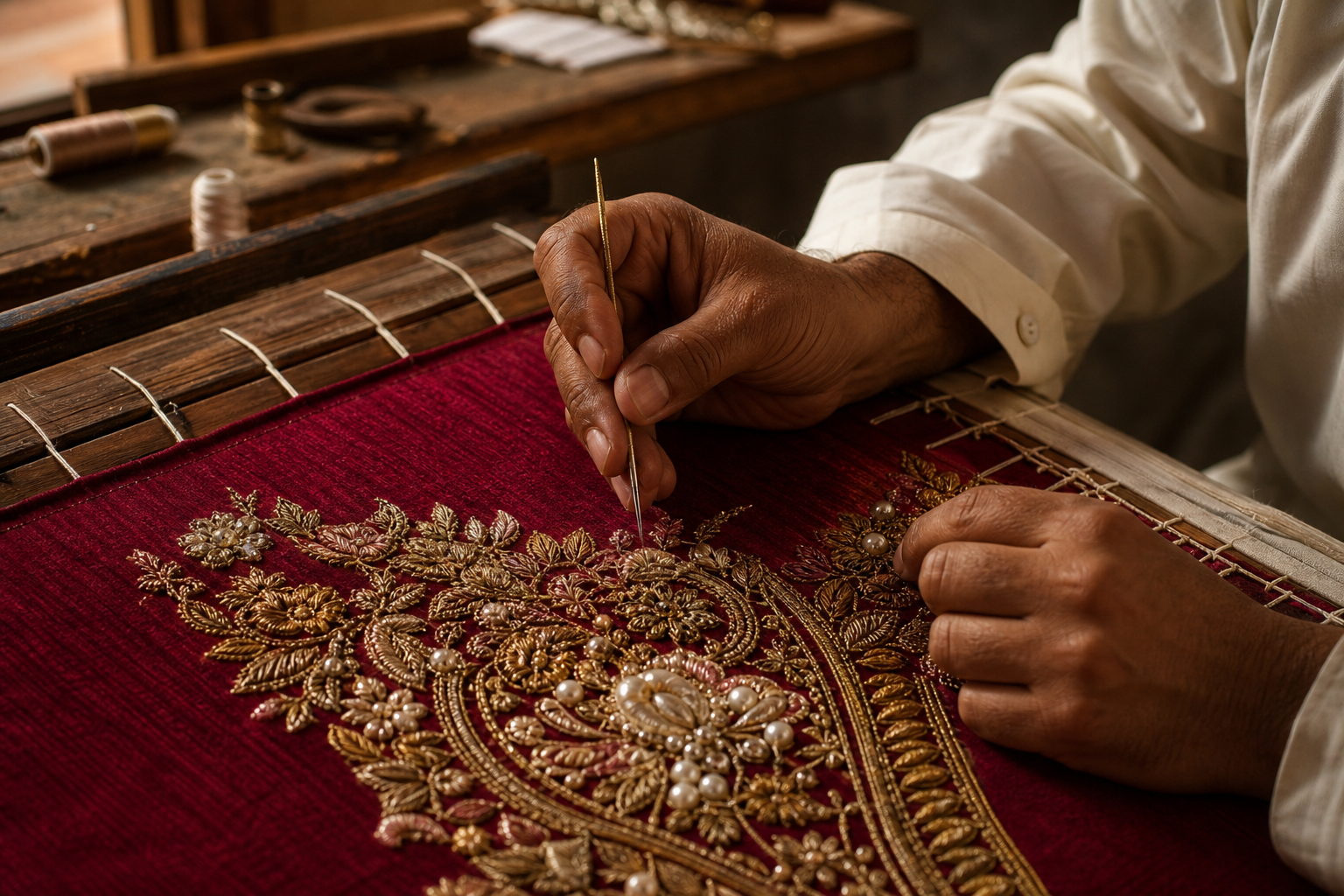 Pakistani artisan applying dabka and pearl handwork