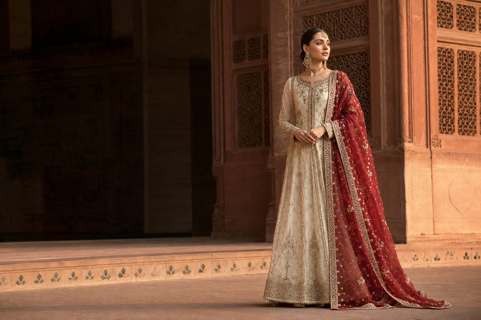 Pakistani couture campaign in a Lahore sandstone courtyard
