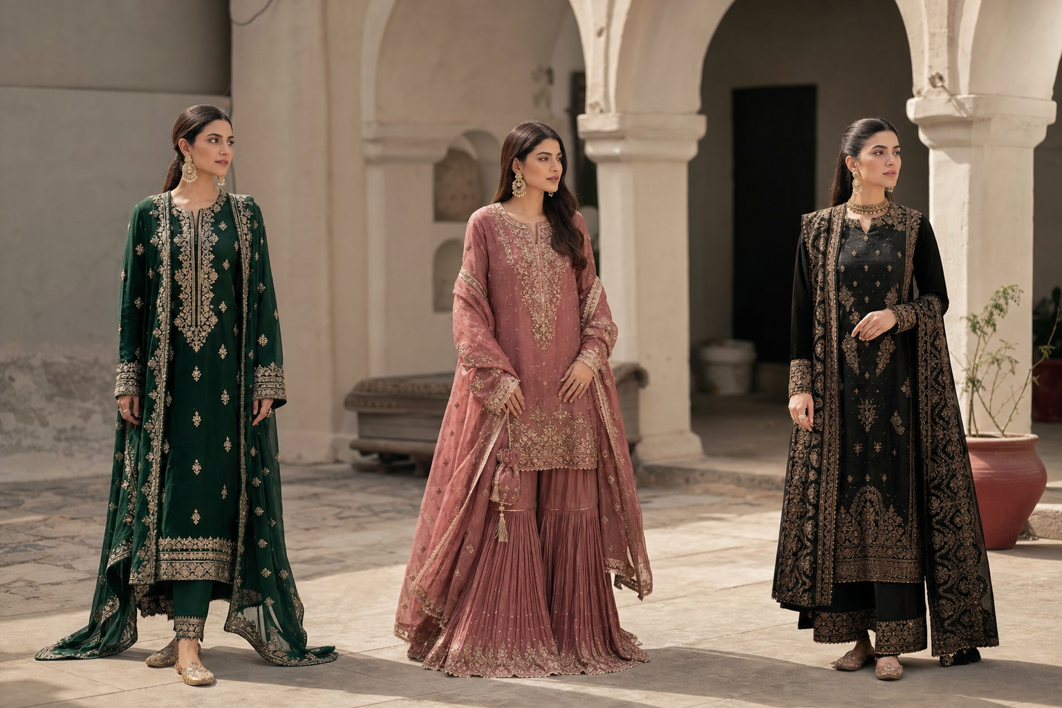 Three Pakistani women wearing modern festive formals