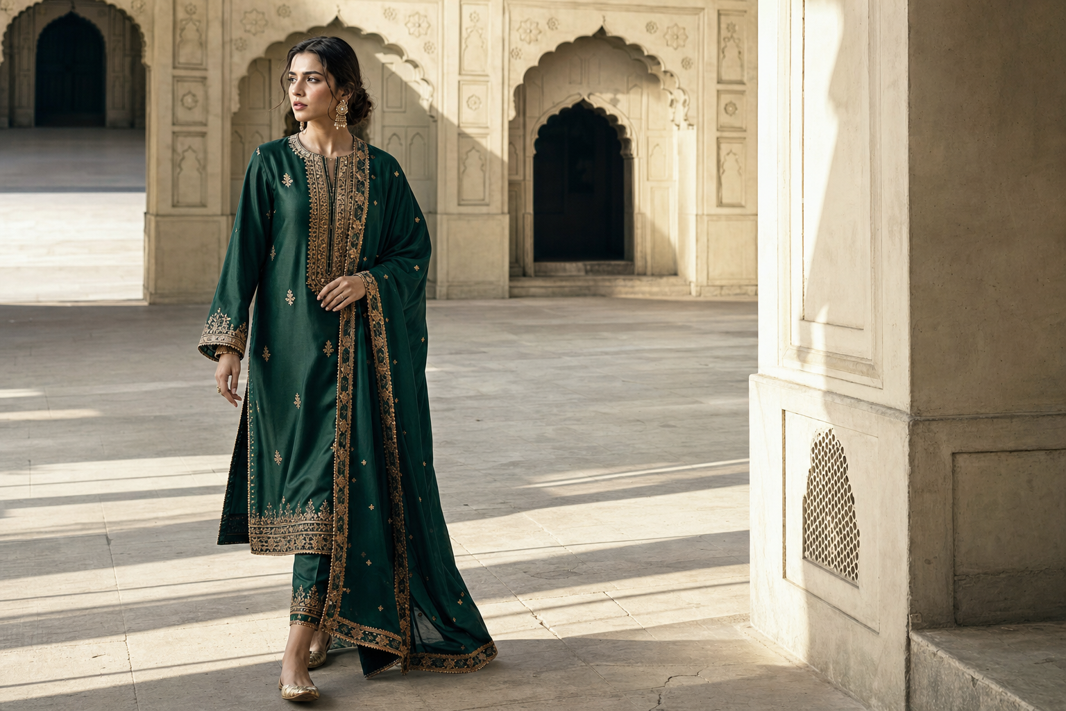 Pakistani model wearing ZARÉ emerald resham formal in a Lahore courtyard