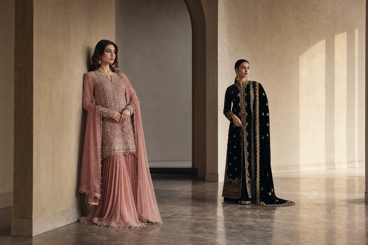 Pakistani models wearing dusty rose and black ZARÉ festive formals