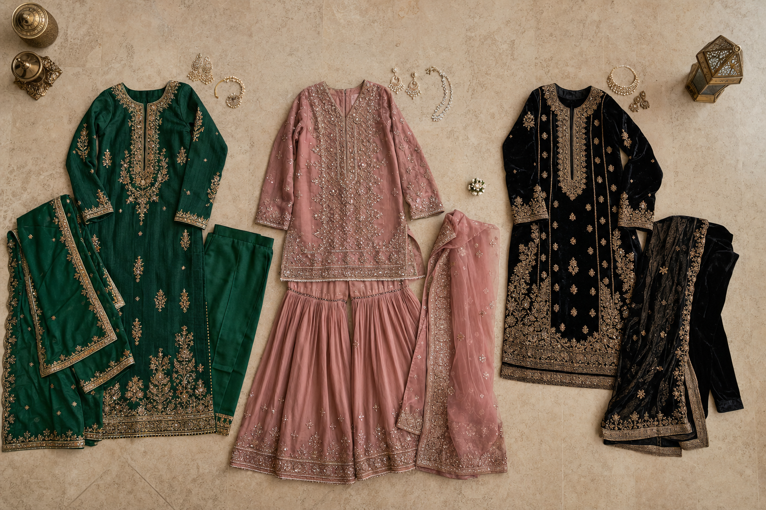 Emerald, rose and black Pakistani formal ensembles arranged as a flat lay