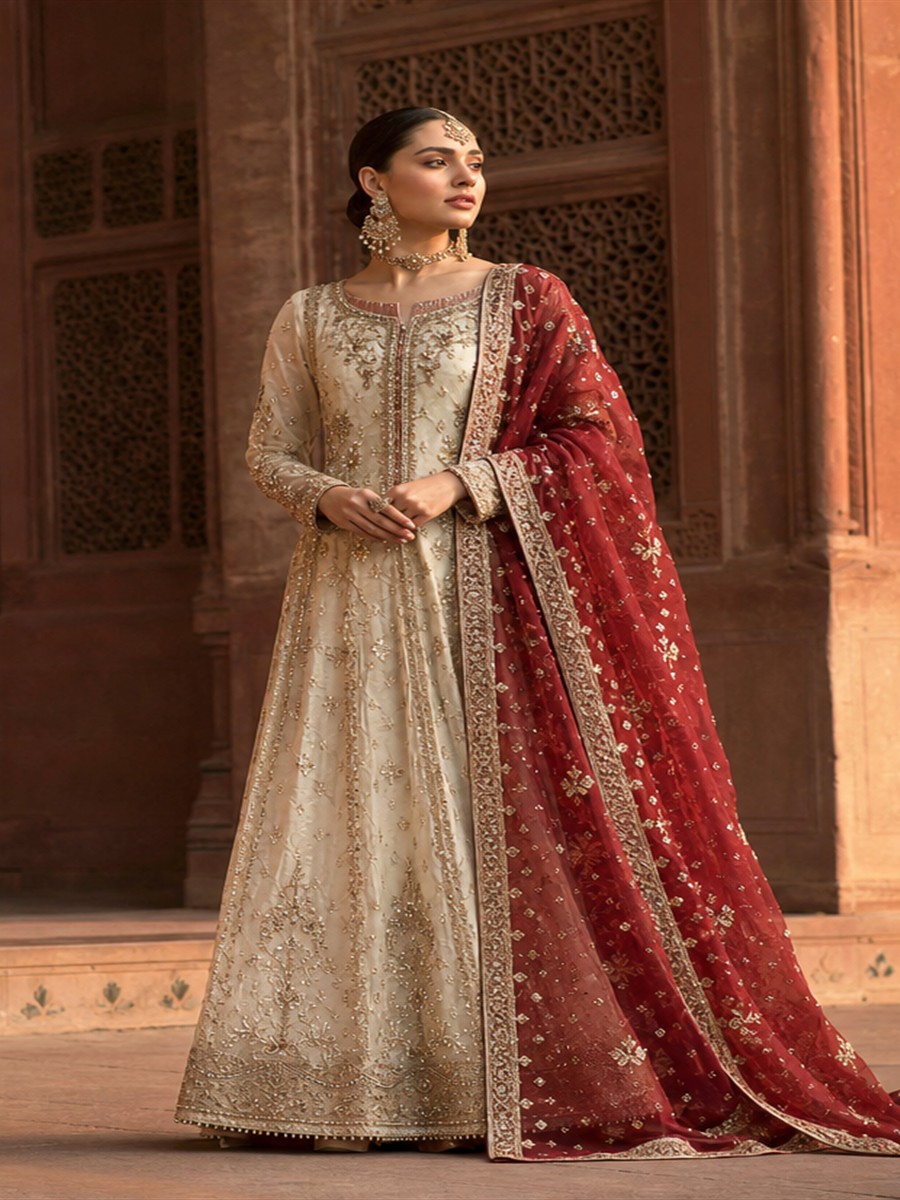 Noor ivory Pakistani peshwas with garnet dupatta