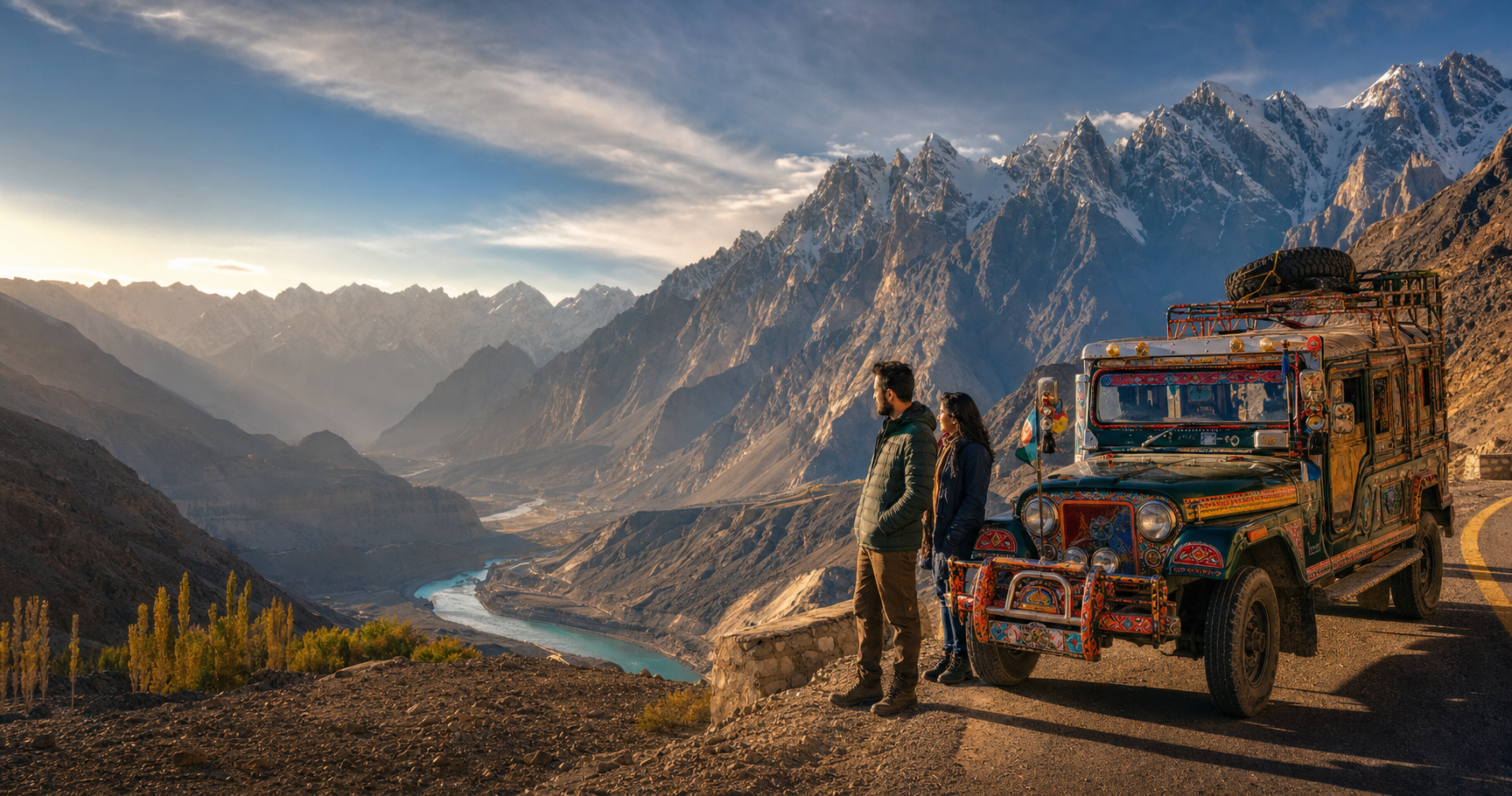 Pakistani travellers with a decorated jeep overlooking Upper Hunza