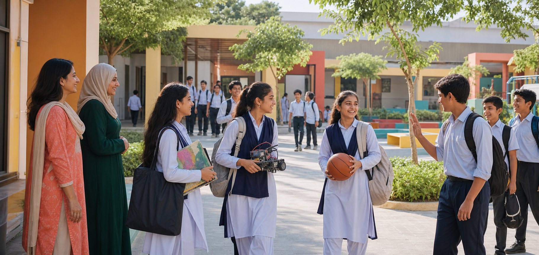 Pakistani Ravi Academy students arriving in the campus courtyard with sports, art and robotics projects