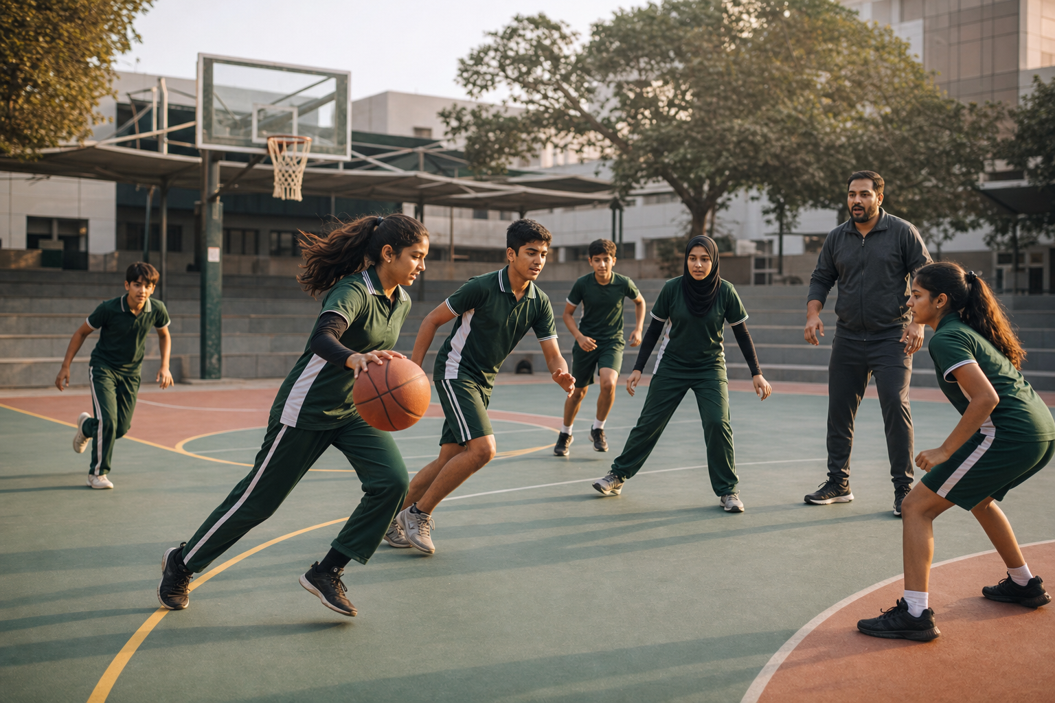Ravi Academy students playing basketball with their coach