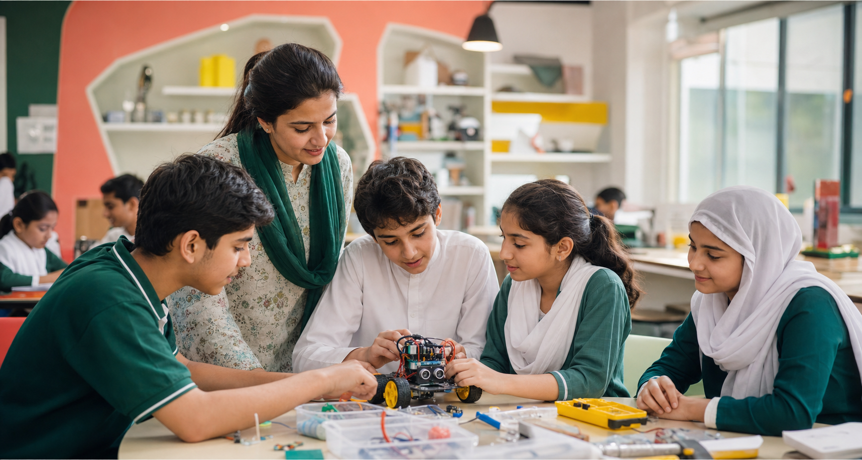 Students learning together in a bright classroom