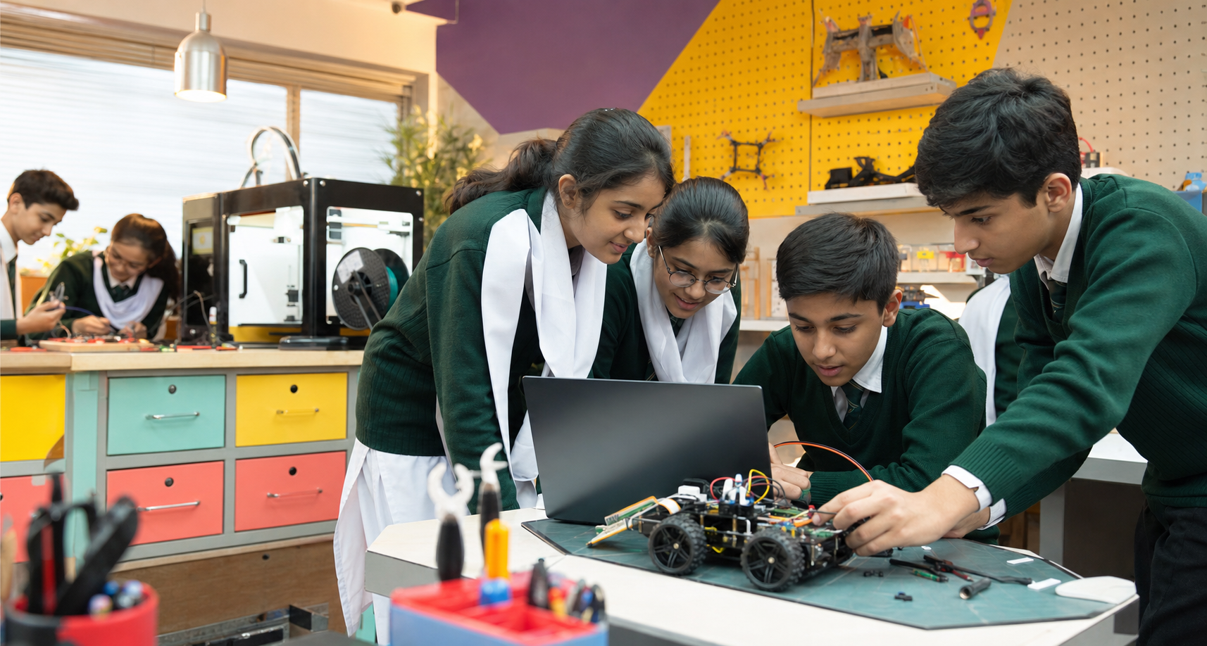 Pakistani Ravi Academy students building and programming a rover in the STEM lab